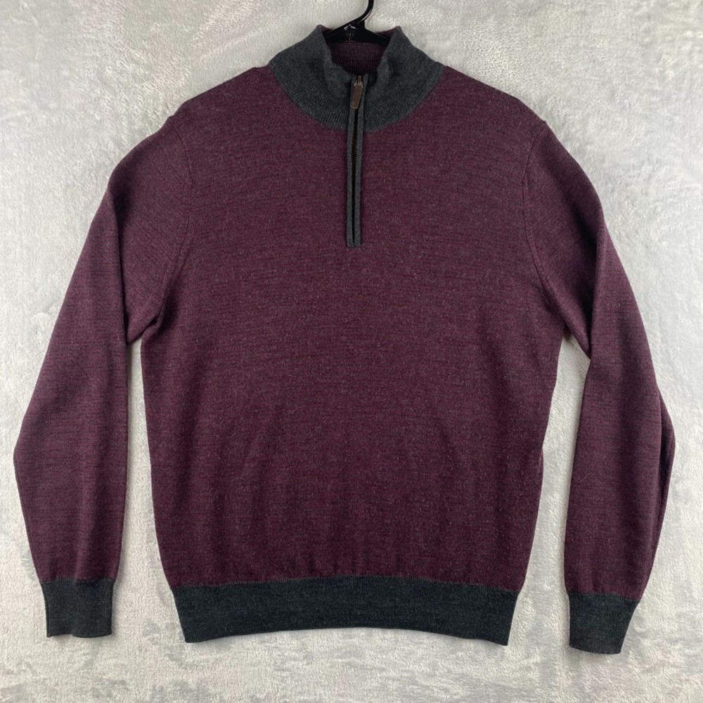 Untuckit Sweater Mens Medium Red Maroon Stripe Merino Wool 1/4 Zip Pullover Soft